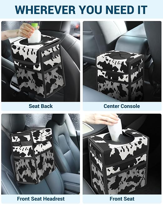 Capolo Car Trash Can with Lid, Leakproof Car Trash Bag Hanging Waterproof Automotive Garbage Can with Storage Pockets Mini Vehicle Trash Bin for Back/Front Seat(Cow Print,3 Gallon)