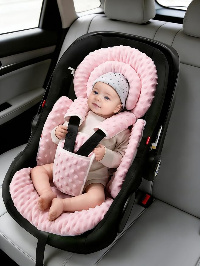 TinlyFinly Infant Car Seat Insert with Extra Cushion for Preemie to Toddler, Reversible Newborn Carseat Insert for Baby Head Body Support, Fits for Stroller, Baby Swing, Bouncer - Dots, Pink
