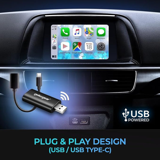 GekoGear Wireless CarPlay USB Adapter for Apple iPhone iOS 12+ Small Car Play Dongle for OEM Wired CarPlay Car Model 2016+ USB C to USB A Cable