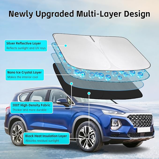 Windshield Sun Shade for Hyundai Santa Fe 2013-2023 Sunshade 300T Windshield Cover Protector Blocks UV Rays Custom Fit Santa Fe Front Window Shades Windshield Accessories Keep Cool Foldable
