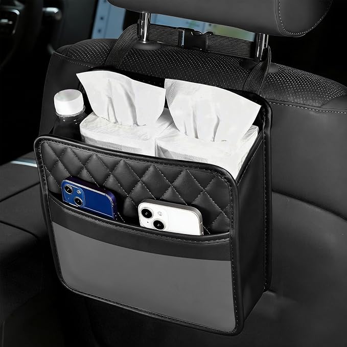 Car Seat Back Organizer, Leather Backseat Hanging Storage Bag, Multipurpose Car Hanging Trash Bag with 2 Compartments, Car Large Capacity Pouch Pocket for Kids & Adults (Black/Transparent Bag)