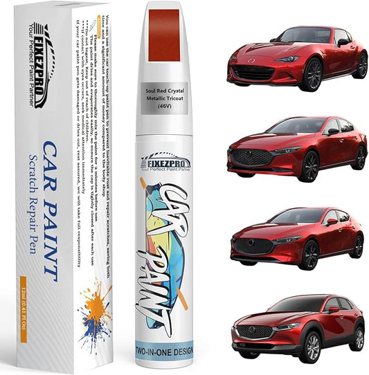 46V Soul Red Crystal Metallic Tricoat Touch Up Paint for Mazda, Exact Color Match Car Paint Scratch Repair Remover Pen Kit Quick & Easy Fix Vehicle Chips and Automotive Nicks Scuff