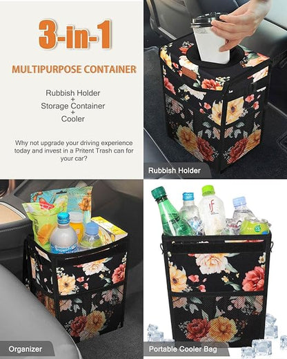 Pritent Car Trash Can with Lid, Cute Leakproof Car Trash Garbage Bag Hanging Vehicle Trash Bin Small Portable Automotive Garbage Cans Organizer for Back/Front Seat/Console(2.8 Gallons,Rose)