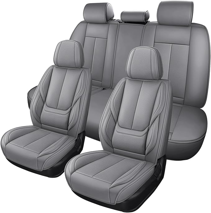 MINGBRON Leather Car Seat Covers,Car Seat Covers Full Set,Automotive Seat Covers 5 Seats,Fit for Most Cars SUV and Most Sedans Grey