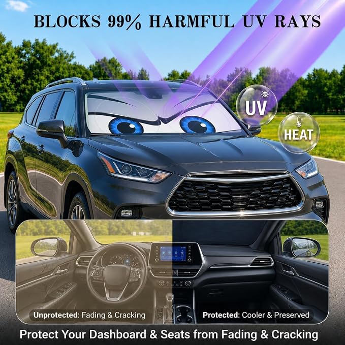 Car Windshield Sun Shade, Funny Eyes Large Foldable Car Sun Shade, Windshield Cover Universal Fits Full-Size Pickup Truck SUV, UV Heat Protection - 63 x 33.86