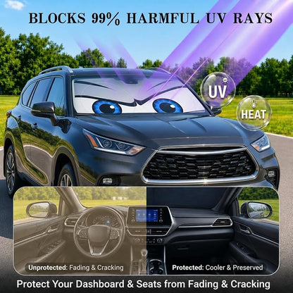 Car Windshield Sun Shade, Funny Eyes Large Foldable Car Sun Shade, Windshield Cover Universal Fits Full-Size Pickup Truck SUV, UV Heat Protection - 63 x 33.86