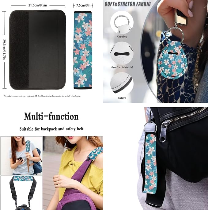 Tropital Flower Car Accessories Full Set, Turquoise Palm Leaf Front Rear Seat Cover with Matching, Colorful Ditsy Floral Steering Wheel Cover Seatbelt Pads Cup Mat Keychain