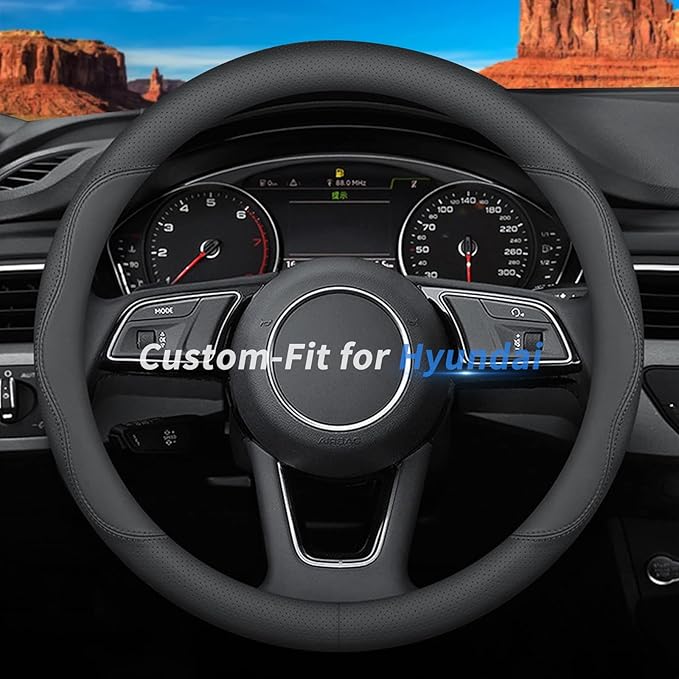 Deer Route Custom-Fit Hyundai Steering Wheel Cover, Premium Leather, Non-Slip, Breathable, B-Style, For Hyundai Accessories