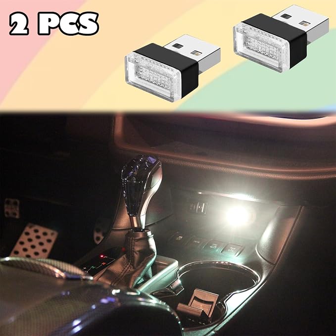 USB LED Car Interior Atmosphere Lights, 2 PCS, Night Light, Decoration Lamp USB Night Light for All Car Interiors (White)