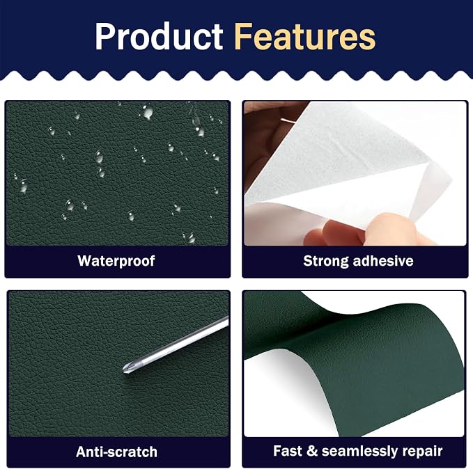 Zenyao Leather Repair Patch Tape - Self Adhesive Leather Repair Kit for Car Seat Furniture, Heavy Duty Vinyl Repair Patch for Couch Sofa, Waterproof Fix for Tears, 12x30 Inch Roll, Dark Green