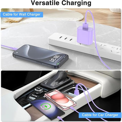 3Pack Car Carplay Cable for iPhone 16 15 Pro Max 15 Plus Car Charger, USB to USB C Cable 6FT for Car Charger Adapter, Carplay USB C Cord Accessories Charging for iPad 10th Gen/iPad Pro Air 5th-Purple