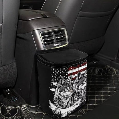 Talayituse Wolf American Flag Print Car Trash Bin, Large Size Auto Trash Can Adjustable Portable Garbage Can with Lid, Vehicle Hanging Bag for Headrest Front Back Seat