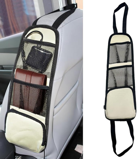 Car Seat Side Organizer, Seat Side Storage Pocket, Multifunctional Mesh Net Pocket, Car Multi-Pockets Backseat Organizer Side Hanging Bag for Storage Coins, Cell Phones, Glasses (Beige, 1PCS)