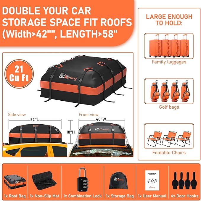 Asinking Car Rooftop Cargo Carrier Bag 21 Cubic feet Waterproof Car Roof Top Bag for All Cars with/Without Rack, Includes Anti-Slip Mat, 10 Reinforced Straps, 6 Door Hooks, Luggage Lock