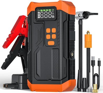5000A Jump Starter with Air Compressor,Car Jumper Starter Portable with 150PSI Tire Inflator 12V Jump Box with LCD Display,Flashlight,Storage Case (Up 9L Gas/8L Diesel Engine（Orange