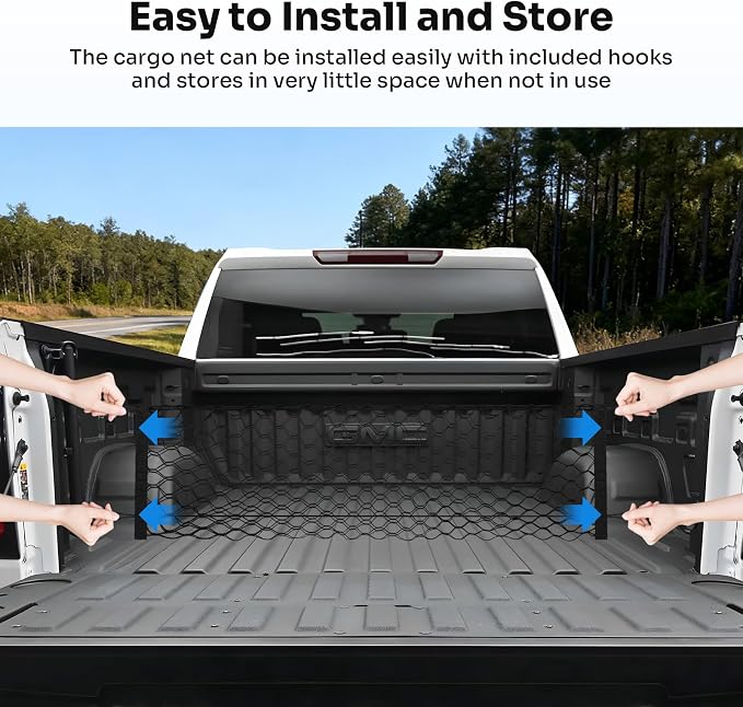 Canvcle Truck Bed Cargo Net for 2019-2025 2026 GMC Sierra 1500/2020-2026 Chevy Silverado 2500 3500 Accessories Envelope Style Mesh Trunk Net Organizer and Storage Stretchable Nylon Rear Cargo Netting