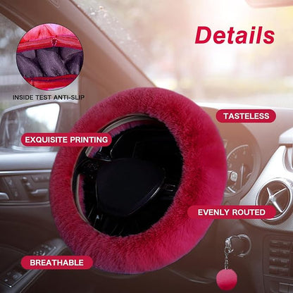 7PCS Set car Interior Aesthetic Accessories, Fluffy 15 inch Steering Wheel Cover, armrest pad, seat Belt Cover,Gear Shift Cover, Fit Girly car Accessories for Women.