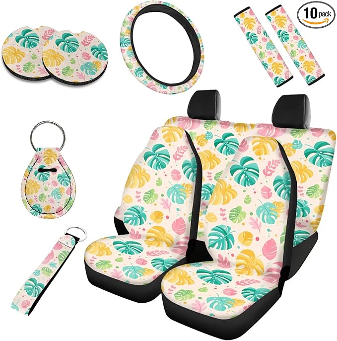 Color Monstera 10 Pack Car Seat Covers, Hawaii Tropical Plants Front Rear Seat Covers Steering Wheel Protector 2 Seatbelt Pad Coasters, Summer Vacation Auto Accessories
