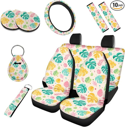 Color Monstera 10 Pack Car Seat Covers, Hawaii Tropical Plants Front Rear Seat Covers Steering Wheel Protector 2 Seatbelt Pad Coasters, Summer Vacation Auto Accessories
