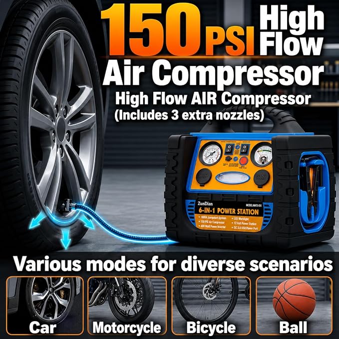 Car Jump Starter with Air Compressor, 1800A Battery Booster Pack for Up to 8.0L Gas & 6.0L Diesel, 150PSI Tire Inflator, 400W Portable Power Station with AC Outlet, 6-in-1 Jump Box for Cars, Trucks