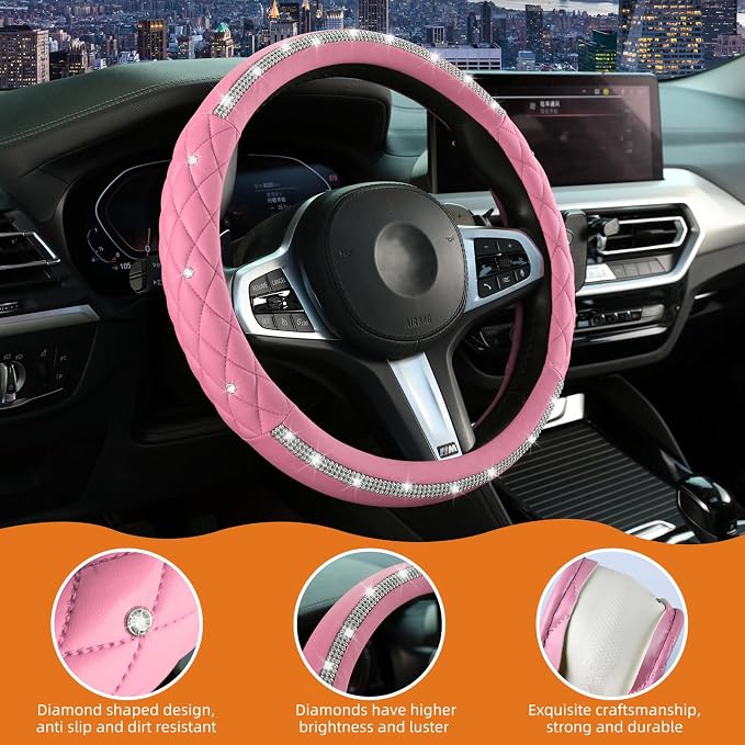 Diamond Steering Wheel Cover，14.5-15 Inch Car Steering Wheel Cover with Bling Crystal Rhinestone，Delicate and Anti-Slip Sparkly Car Wheel Protector for Women Girl，Pink