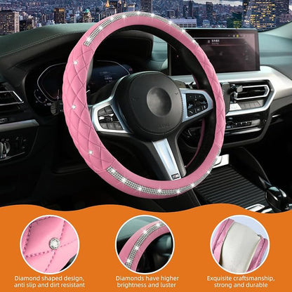 Diamond Steering Wheel Cover，14.5-15 Inch Car Steering Wheel Cover with Bling Crystal Rhinestone，Delicate and Anti-Slip Sparkly Car Wheel Protector for Women Girl，Pink