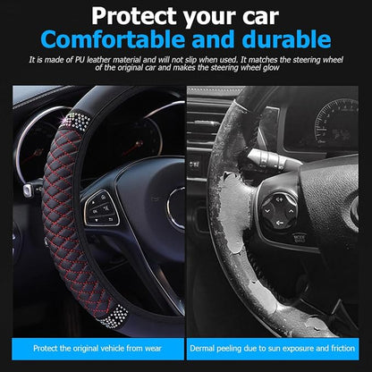 Osilly Bling Car Steering Wheel Cover, 15 Inch Rhinestones Soft Leather Elastic Steering Wheel Protector, Sparkly Crystal Diamond for Women Girls (Black/Red)