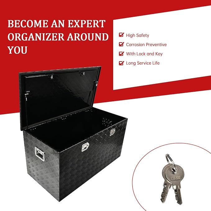 48''Inch Aluminum Truck Tool Box Truck Bed Toolbox Truck Trailer Chest Box Trailer Underbody Storage Organizer Waterproof Square Storage Organizer w/Lock & Keys Black(‎48" Lx24''x24'')