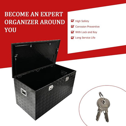 48''Inch Aluminum Truck Tool Box Truck Bed Toolbox Truck Trailer Chest Box Trailer Underbody Storage Organizer Waterproof Square Storage Organizer w/Lock & Keys Black(‎48" Lx24''x24'')