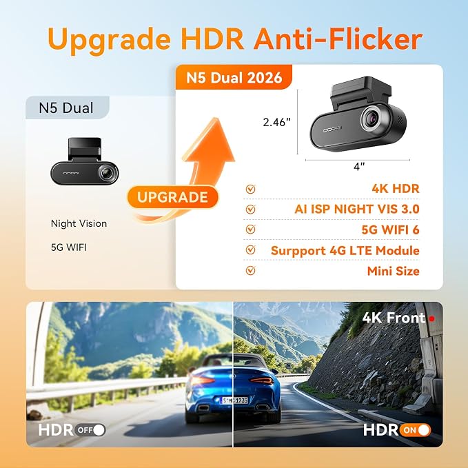 DDPAI Dash Cam Front and Rear 4K+1080P, Dash Camera for Cars with Built-in 32GB eMMC & Dual Storage, HDR, WiFi 6, GPS, AI Night Vision, 72H Radar Parking Mode, ADAS, Loop Recording, N5 Dual 2026