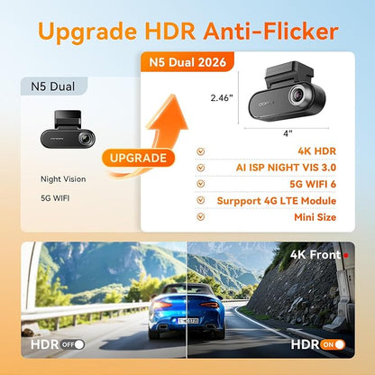 DDPAI Dash Cam Front and Rear 4K+1080P, Dash Camera for Cars with Built-in 32GB eMMC & Dual Storage, HDR, WiFi 6, GPS, AI Night Vision, 72H Radar Parking Mode, ADAS, Loop Recording, N5 Dual 2026