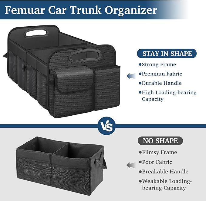 Femuar Car Trunk Organizer with Large Capacity Waterproof Car Accessories for Women & Men, Collapsible Trunk Organizer for Suv/Jeep/Sedan,Tools (Black, Standard)