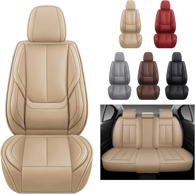 MINGBRON Car Seat Covers Full Set,Black Beige Car Seat Cover, Car Seat Protector Waterproof, Nappa Leather Car Seat Cushion, Fit for Most Cars