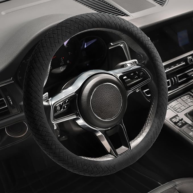 Suede Steering Wheel Cover with Upgraded Silicone Inner Ring, Breathable, Anti-Slip, Leather Universal 14.5 to 15 Inch Steering Wheel Cover (Black with Handwoven Craft)