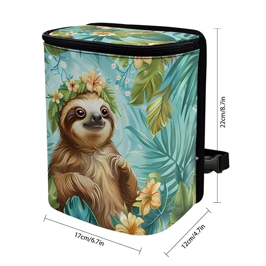 Talayituse Sloth Leaf Print Car Trash Can Portable Auto Garbage Bin Multifunctional Vehicle Interior Accessories with Adjustable Straps Universal Fit Truck SUV Sedan