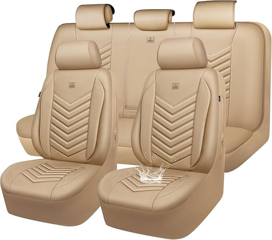 CAR PASS 3D Foam Faux Leather Seat Covers Full Set,Waterproof Tan Leather Seat Cover for Cars,Luxury Universal Fit Anti-Slip for SUV Truck Sedan Automotive,Armrest Airbag Compatible,All Beige