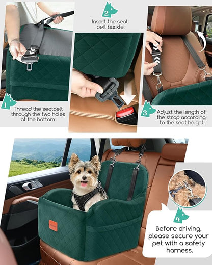 Lealchum Dog Booster Car Seat for Small/Medium Dogs,6in Elevated Cushion,Fully Detachable and Washable,2 Storage Pockets & 3 Straps,Fits in Front/Back Seat,Easy to Install (Green,Medium)