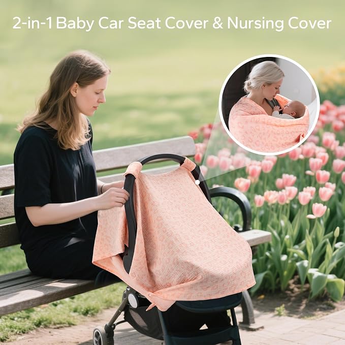 SERAPHY 2-in-1 Muslin Baby Car Seat Cover & Nursing Cover, Soft Lightweight Breastfeeding Cover for Boys and Girls,Breathable Canopy for Infant Carseat & Stroller for Summer—Love