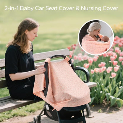 SERAPHY 2-in-1 Muslin Baby Car Seat Cover & Nursing Cover, Soft Lightweight Breastfeeding Cover for Boys and Girls,Breathable Canopy for Infant Carseat & Stroller for Summer—Love