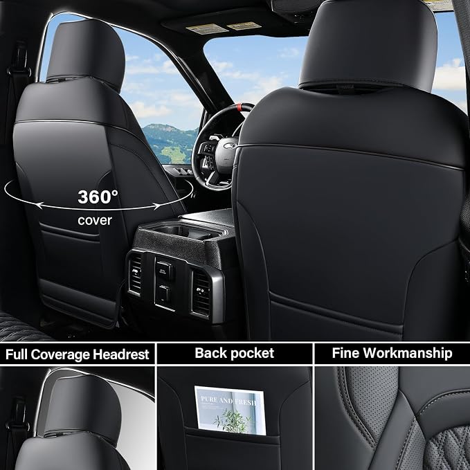 Coverado Car Seat Covers Fullset, Waterproof Leather Car Seat Covers for Dodge RAM 1500 Compatible with 2010-2023 2500 3500 Dodge RAM Accessories, Curved Front&Flat Rear/Black