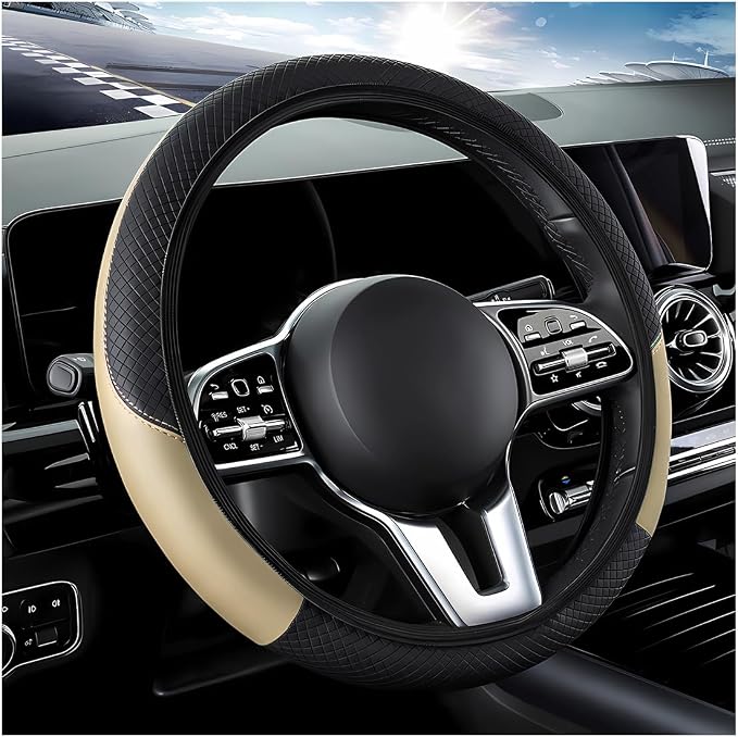 DXNQ Car Steering Wheel Cover, 15 Inch Carbon Fiber Leather Stitching Color Steering Wheel Protector, Anti-Slip Elastic Breathable Steering Wheel Cover Stylish Decor for Most Cars (Beige, AD)