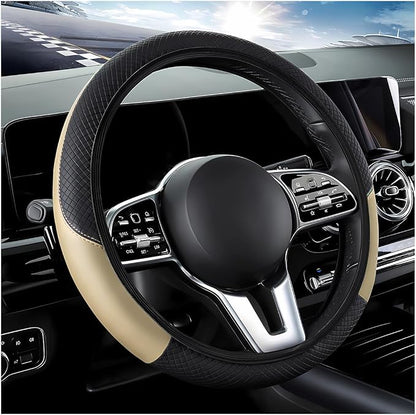 DXNQ Car Steering Wheel Cover, 15 Inch Carbon Fiber Leather Stitching Color Steering Wheel Protector, Anti-Slip Elastic Breathable Steering Wheel Cover Stylish Decor for Most Cars (Beige, AD)
