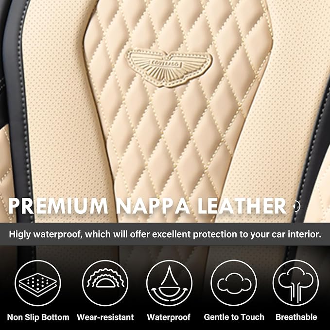 Coverado Car Seat Covers, Leather Seat Covers Full Set, Beige Seat Covers, Car Seat Cushion, Driver Car Seat Covers, Waterproof Car Seat Protector Fit for Most Cars