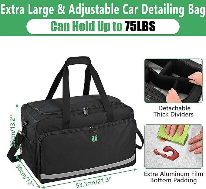 Extra Large Car Detailing Bag, Cleaning Caddy with Lid and Handle for Auto Detailing Supplies, Car Cleaning Storage Trunk Organizer for Polisher and Vehicle Wash Tools, Black