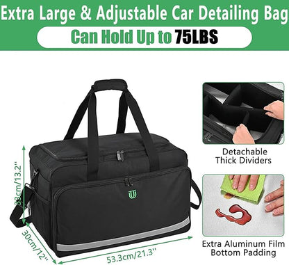 Extra Large Car Detailing Bag, Cleaning Caddy with Lid and Handle for Auto Detailing Supplies, Car Cleaning Storage Trunk Organizer for Polisher and Vehicle Wash Tools, Black