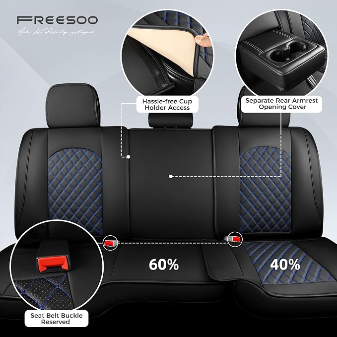 FREESOO Car Seat Covers Full Set for Dodge Ram 2002-2018 1500 & 2011-2026 2500 3500 Crew Quad Cab, 2019-2024 Ram 1500 Classic Leather Seat Cover, with Curved Bench, Black Blue