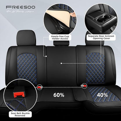 FREESOO Car Seat Covers Full Set for Dodge Ram 2002-2018 1500 & 2011-2026 2500 3500 Crew Quad Cab, 2019-2024 Ram 1500 Classic Leather Seat Cover, with Curved Bench, Black Blue