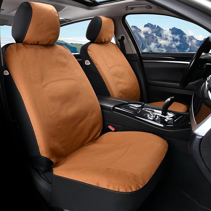 Coverado Car Seat Covers Front, Canvas Universal Seat Covers for Cars, 2-Pack Car Seat Cushions, Auto Seats Protectors for Kids & Dogs, Driver Seat Covers Fit for Most Vehicles Trucks SUVs/Khaki