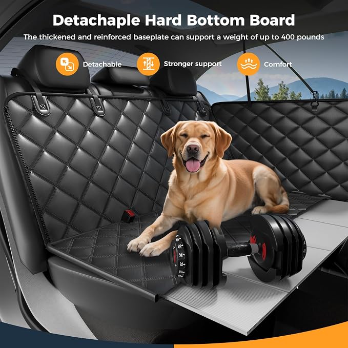 Dog Car Seat Cover for Back Seat, Hard Bottom Back Seat Extender for Dogs - Supports 400lbs, Scratch Resistant, Anti Slip Portable Dog Hammock, Suitable for F150, SUVs and Trucks Black