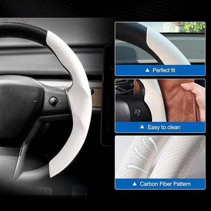 Canvcle Steering Wheel Cover for Tesla Model 3/Y 2016-2025 2026 Highland/Juniper Accessories Carbon Fiber Steering Wheel Cover Protector Non-Slip, Comfortable, Breathable, Model 3/Y Accessories, White